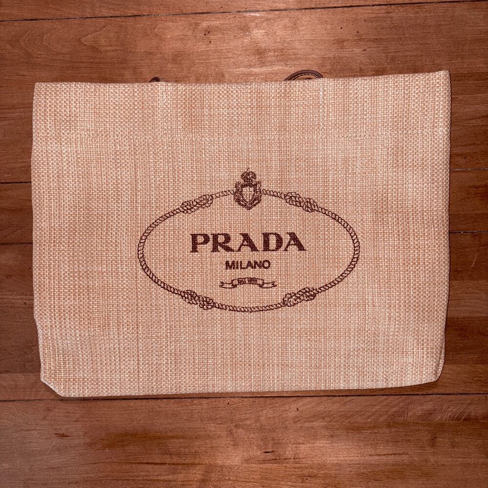 Authentic PRADA Woven Raffia Beach Tote Bag Natural Beige Stenciled Logo 12x16